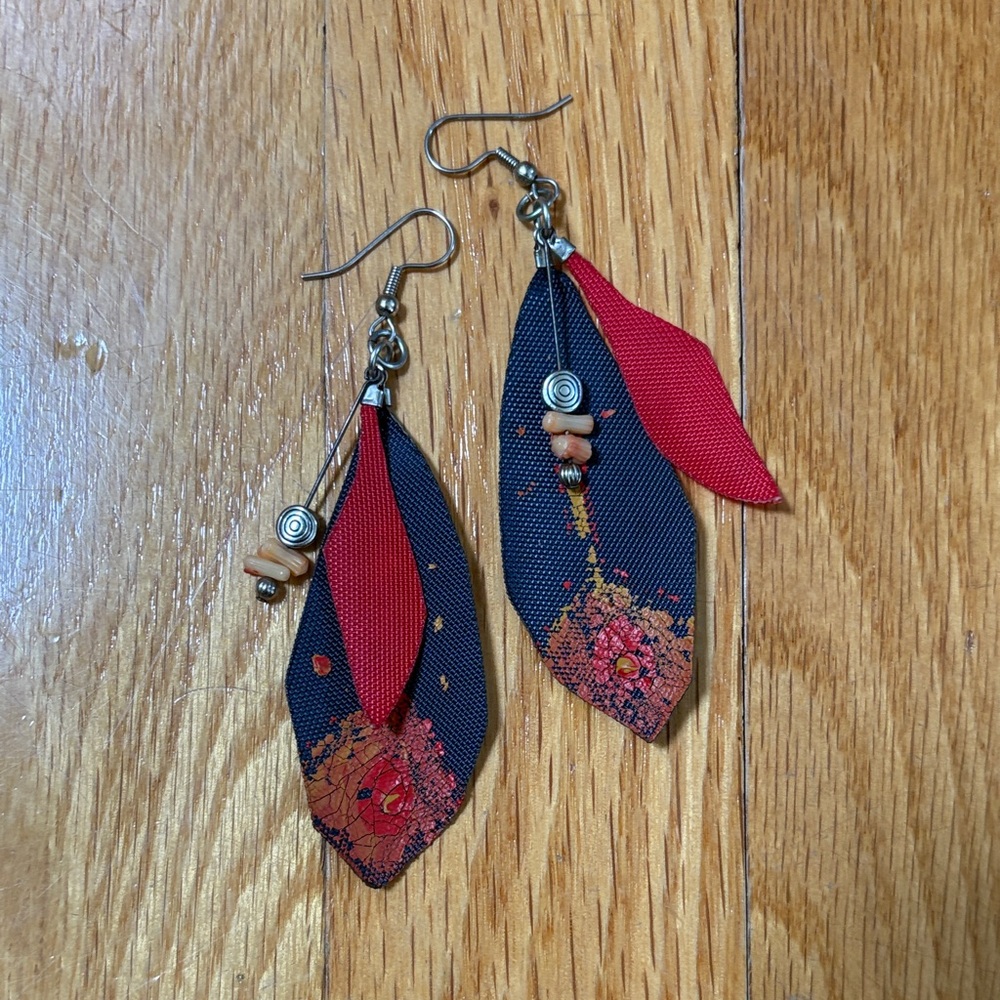 Elegant Red and Black Feather Earrings